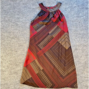 Tahari Silk Shift Dress Womens 4 Geometric Brown Red Sleeveless Lined